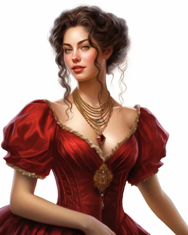 detailed smiling beautiful lady , dressed in a red victorian vintage dress with necklace, hyper realistic, 8k, isolated on white backgorund, clipart