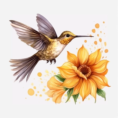 Cute Beautiful Fairy Hummingbird Yellow Flowers Watercolor Clipart, Cartoon, Hyper Realistic, Intricate Details, Illustration Style, High Resolution, On White Background