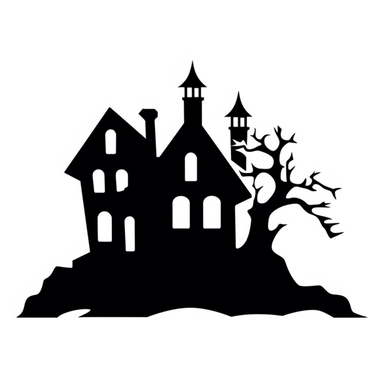 black and white silhouette of a haunted house icon, clipart style, white background, thick lines, vector, simple design, flat colour, solid colour, halloweencore, from a distant perspective