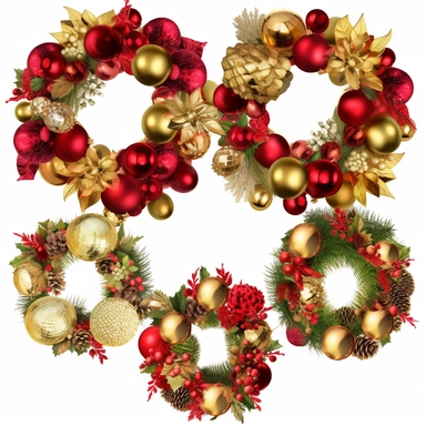 lowers wreaths for christmas clipart, spring clipart, single design include red and gold balls and christmas bells, 8k