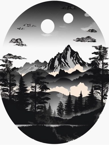 mountain silhouettes download cliparts, in the style of bob ross, alex katz, tattoo-inspired, birds-eye-view, wood, black and white contrast, charles addams