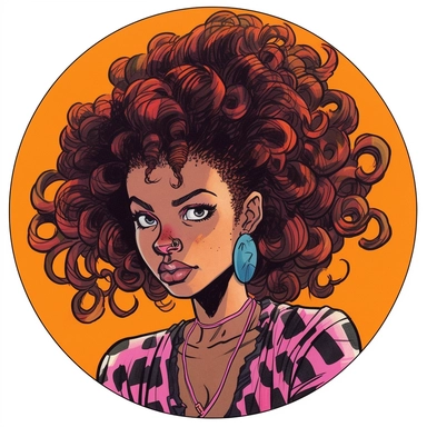 Mike Allred's painting depicting a sneering stern fashionable professional mysterious young girl African Persian spy, Amoako Boafo Josh Kirby Dungeons & Dragons, handpainted punk zine indie retrowave, clipart illustration, circular solid background, circular border