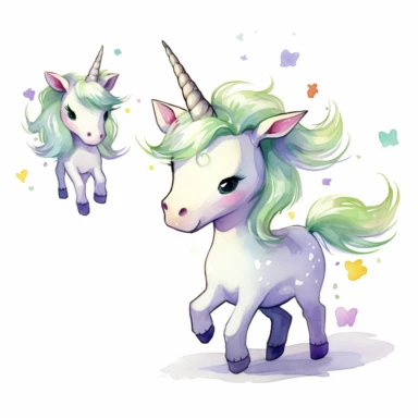 A super-cute unicorns, Perfect for nursery art and children's book illustration style, simple, cute, full color, clipart, watercolor illustration, single object, white background for removing background