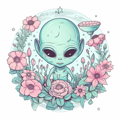 sticker, thick border, the green alien stands in the middle of flowers, in the style of charming sketches, cute and dreamy, light blue and pink, child-like innocence, pulpy sci-fi, tattoo, alan bean, clipart, vector, contour, solid white background
