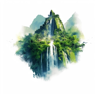 A breathtaking clipart illustration portrays a majestic waterfall as it cascades down a lush, green mountainside. The waterfall is a mesmerizing sight, with water gushing down in a graceful and powerful manner, creating a veil of mist and a soothing sound. The surrounding mountainside is covered in vibrant green foliage, adding to the scene's natural beauty and tranquility. Artist: This captivating clipart illustration is crafted by a skilled artist specializing in nature and landscape illustrat