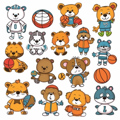 Design a clipart set that depicts animals playing various sports such as basketball, soccer, volleyball, tennis, and football. Select animals that are commonly associated with the specific sport, adding also images of other animals that would be unexpected but depict a playful atmosphere. Add extra details like uniforms and equipment like balls, nets, and rackets. Each animal should be depicted doing a specific action associated with the sport, such as a lion dribbling a basketball or an eagle s