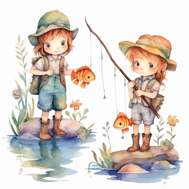 Watercolor boho fishing near a beautiful stream, illustrations clipart set, simple, soft colors, cartoon elements, different variants, cute little boy and girl fishing, separate elements with a margin