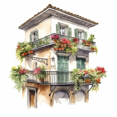 watercolor clipart realistic balcony in italian style with plants and flowers glicine ,single object,png,transparent ,watercolor styles, white background for removing background- - no text shadow font watermark