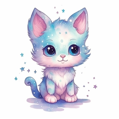A drawing of a cute blue cat sitting on the ground.