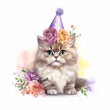 Vibrant Realistic Persian natural colors Cat various poses and modes with flowers Clipart for a birthday card without text 300 dpi PNG format instant download for commercial use