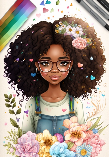 2d watercolor clipart kawaii, spring, april, character of beautiful african american woman, Intricately rendered dark Skinned woman, full body portrait, intricately rendered, 8k, long thick curls brown hair, sparkles, generously detailed, hyper realistic, digital, long rainbow eye lashes, beautiful retro comic urban chick, smart, books, nerdy, glasses, 8k,