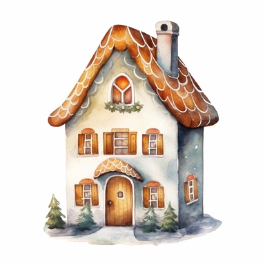 basic watercolor gingerbread house cookie in minimal hand drawn style, Etsy, textured, clipart, white background