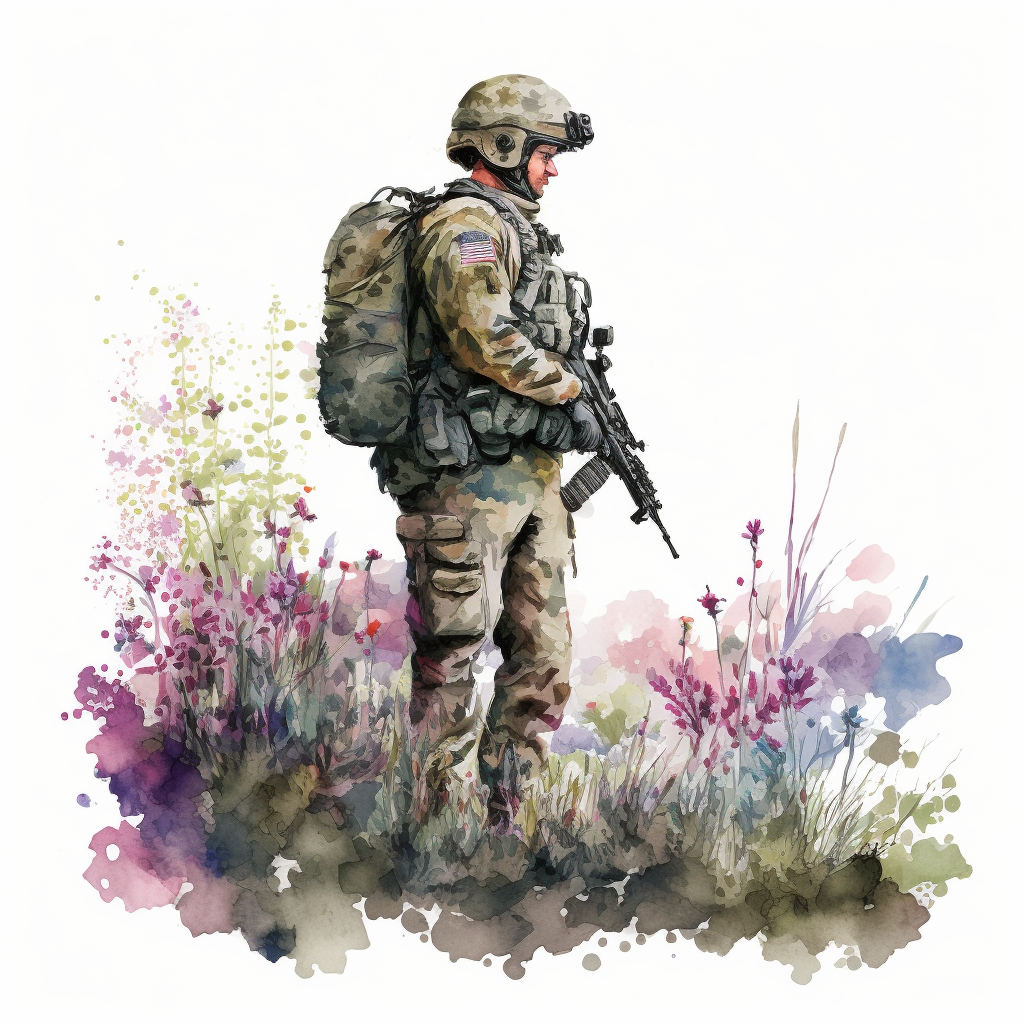 American soldier standing in flowers, watercolor by Thomas W.Schalle ...