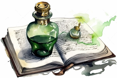 Sinister Victorian watercolor vial of green poison and open book of spells, white background, clipart,