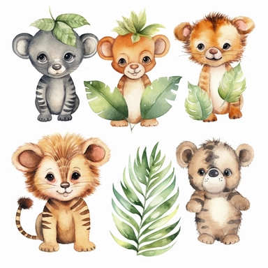 Watercolor baby jungle animals , illustrations clipart set, simple , cartoon elements, different variants , , separate elements with a margin