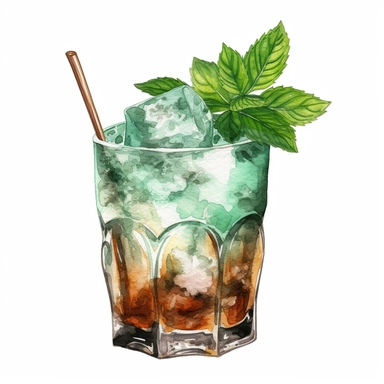 Mint Julep: A classic Southern cocktail made with bourbon, mint leaves, sugar, and crushed ice.watercolor, clipart