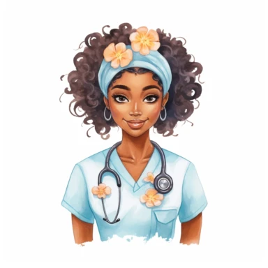 Beautiful black woman nurse, folk art, watercolor, clipart, kawaii, white background