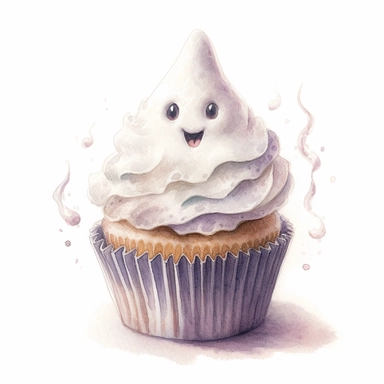 A watercolor pencil illustration of a spooky gothic white magic cupcake, delicious cupcake with a cute white ghost, Kubisi art, inspired by Jean Baptiste Monge, dark magic, watercolour illustration clipart, extremely detailed, 4k, high quality, isolated on white background