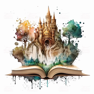Clipart, Mythical Watercolor Castle Emerging from an Open Book, no background, hd