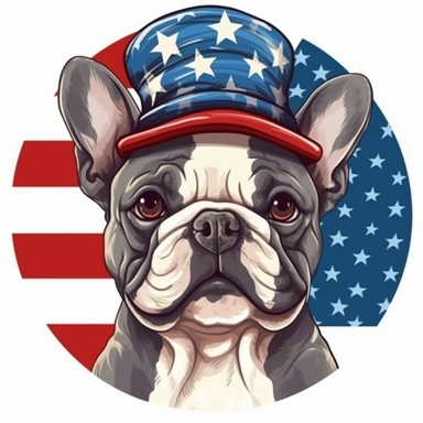 sticker, white background, honor french bulldog, in style Independence Day in usa, hat with an american flag, clipart