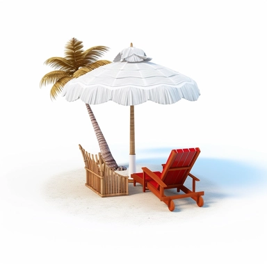 3d island paradise beach clipart in animation style, beach chair, sunshade, summer vacation, in solid white background, bright color, high resolution, 8K,