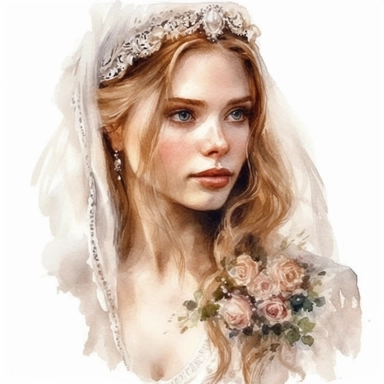 Glamorous and romantic realistic watercolor, the beautiful bride with long braided hair wearing intricate jewelry and, Juliet cap veil, on clean white background, translucent, delicate, with flowers, very delicate colors, watercolor clipart - - no watermarks, no text