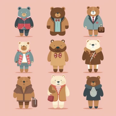 A modern, simplistic illustration showing a cute Teddy Bear with fashionistic human outfits in Cliparts. The illustration should be in a playful flat design style. Make sure there is no use of shading, tone or texture. The illustration should have a simplified, streamlined appearance. The illustration should be well-suited for use in digital or print media, such as infographics.
