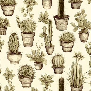 Vintage seamless pattern of cactus and succulents pencil sketch, ephemera paper design with ornate illustrations, vintage, distressed textures, muted colors, craft paper texture, handwriting lines in background, pen and ink on paper with watercolor washes Watercolor, vector, white background, rice paper texture, clipart, Seamless patterns, repeating patterns design, flat illustration, outlined , Vector, 4K, Art station, digital print, highly detailed clean, detailed illustration, 3D vector art, 