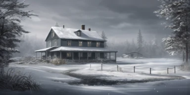 clipart of a beautiful winter scene of a house with a large level yard, in a snowstorm, by a frozen pond, deep snow, a few pine trees with snow on them, grey sky, snow falling, hyper realistic, high definition, sharp focus,