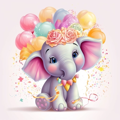 a detailed very colorful vector Clipart image sticker of a beautiful majestic magical floral smilling baby elephant and pastel pink balloons colors holding balloons with a white background, pastel light colors, fall colours, gold ropes, photorealistic, cinematic, Cinematic, Color Grading, Editorial Photography, Photography, Photoshoot, Shot on 70mm, Ultra-Wide Angle, Depth of Field, DOF, Tilt Blur, Shutter Speed 1/1000, F/22, Gamma, White Balance, Neon, Light, Dark, Light Mode, Dark Mode, High C