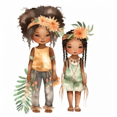pretty African American children's nursery style water color clipart, 2 cute kids, wearing boho style clothing realistic digital art, white background, s1000