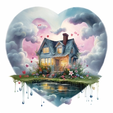 painting of a heart with rain clouds and a cottage inside of it, in the style of enchanting realms, nature-inspired installations, bloomcore, mesmerizing colorscapes, skillful, fluid and organic, cottagecore, clipart, blank white background