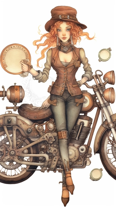 watercolor steampunk girl entire body illustration in front of a steampunk motorcycle full clipart image by holly hobbie and mary engelbreit