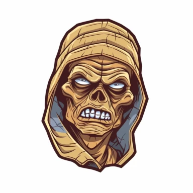 isolated flat clipart on a white background of a mummy head, in the style of peter bagge, extremely detailed art, berrypunk, in the style of daniel f. gerhartz, in the style of martin ansin, bruce timm, ralph bakshi, transcendent, nikon d850, art of burma, captures the essence of nature, in the style of organic forms and patterns, red green and dark navy, subtle ink landscapes, expansive skies, hyper-detailed illustrations, i can't believe how beautiful this is, lively colors