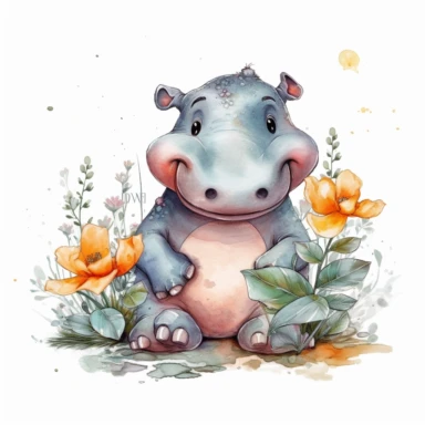 a standing up baby Hippo with cute big eyes, happy smiling face, cute animal, adorable, playful atitude, adorable watercolor animal clipart with a few plant and flowers decor, no background, high quality very sharp with clear focus