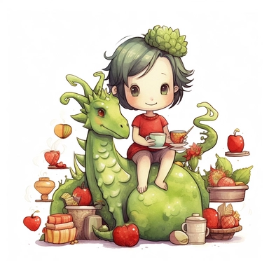 cute funny avocado green girls dragon, red cardigan, milkshake, cute nursery painting, style by Lucy Fleming, watercolor, smooth gradients, black contour outline, ultra detailed, clipart elements, delicate pastel colors, solid white background, super clear, high quality