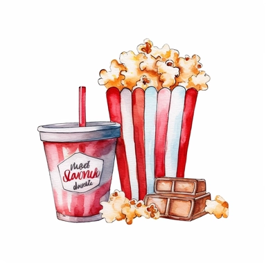 Movie night sign,soda, a bucket of pop corn and clapper. Watercolor hand painted cinema concept illustration. Enterteinment themed design. Clip art