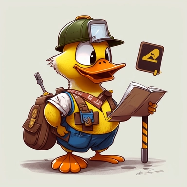 yellow duck wearing safety vest, hard hat, and badge holding a clip board And tape measure in cartoon style