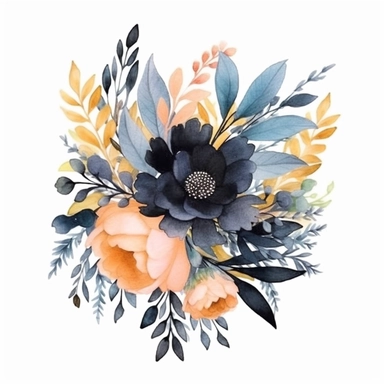 watercolor, handpainted black boho floral clipart, transparent background, spaced out--ar 3:2
