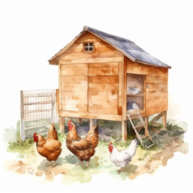 realistic watercolor backyard chicken coop with net cage on a totally white background, clipart