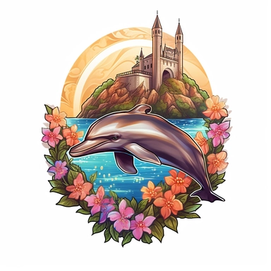 dolphin, close up, a sticker, artwork of t shirt graphic of majestic forest, in digital painting style , beautiful flowers, sunset mountains and clouds , big vines, stone temple covered in vines, white background, colorful fantasy flower sorround , highly detailed clean, vector image, photorealistic masterpiece, professional photography, realistic, flat white background, isometric, vibrant vector, clipart, illustration, realism, 4k, , cinematic, front view, white background, paradise, extremely 