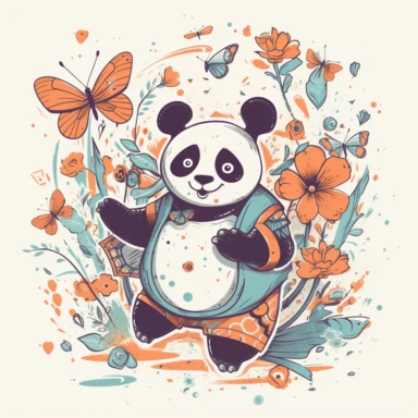a happy panda with a bamboo shoot and a martial arts belt, depicted in a whimsical, surrounded by colorful flowers and butterflies. The mood of the artwork is cheerful and playful, with a soft pastel color palette. The lighting style is bright and sunny, evoking a warm and inviting feeling. clipart design graphic, vector, contour, super cute, isolated white background, high quality, 2d, flat