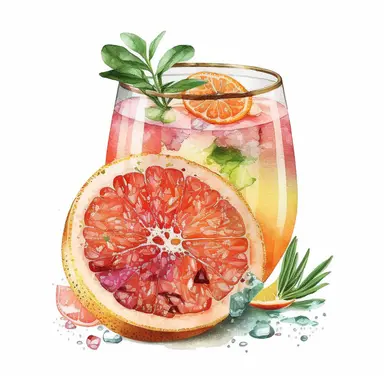 Watercolor one grapefruit cocktail Clipart, citrus grapefruit, vibrant color, high details, white background, no text
