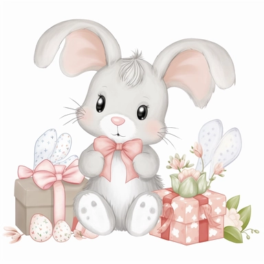 a shy baby Bunny with gifts Clipart, Peter rabbit, wearing a white nappy covered in hearts, Nursery summer Clipart, Easter Clipart, summer Bunny, Crafting Digital Paper, Mother’s Day, white background