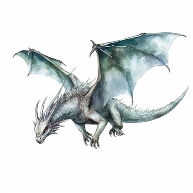 Solid white background, Detailed watercolor clipart, dragon flying