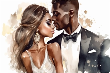 Black skin bride in a white wedding dress with diamonds and with beautiful jewelry, rich and glamour, long beautiful hair, beautiful lips and long eyelashes glamour and the groom in a tuxedo smile watercolor clipart