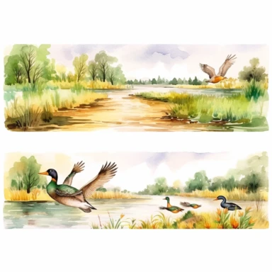 watercolor hunting scene in forest or fields with lake in vicinity where duck flocks take off in numbers , illustrations clipart set, simple, , cartoon elements ,different variants , natural elements, separate elements with a margin, ,4k, high resolution, , natural colors, vibrant green tones, birds and ducks
