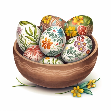 funny drawn sketch easter eggs with romanian traditional pattern inside a wooden bowl on white background, artistic painting, easter scene, add some spring leaves, add some flowers, add some pattern, spring pastel colors, watercolor, Michelangelo style, clipart, 2d, sketch style, no text, no logo