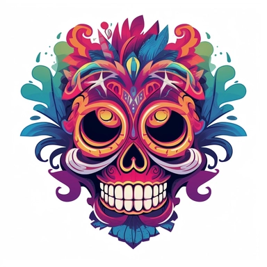 isolated flat clipart on a white background of a spooky day of dead themed voodoo mask tshirt design graphic, in the style of daniel f. gerhartz, transcendent, nikon d850, art of burma, captures the essence of nature, in the style of organic forms and patterns, expansive skies, hyper-detailed illustrations, i can't believe how beautiful this is, lively colors