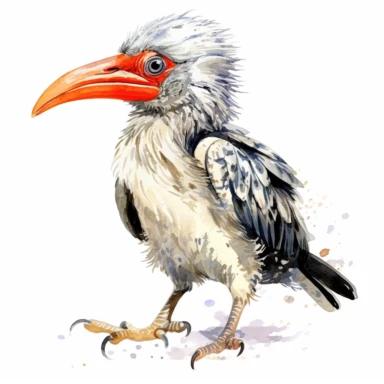 clipart full body friendly watercolour cute little baby red billed hornbill, realistic, detailed, white background, contour